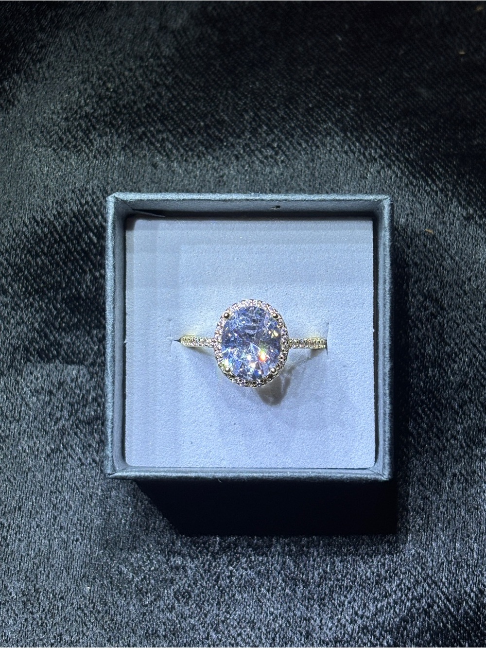Yellow Gold AAA CZ Oval-Cut Halo Solitaire Ring Size 7 - Picture 6 of 15